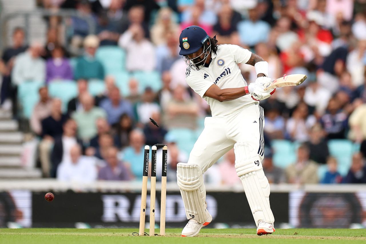 KL Rahul plays a shot onto his stumps, England vs India, 5th Test, 1st day, The Oval, July 31, 2025