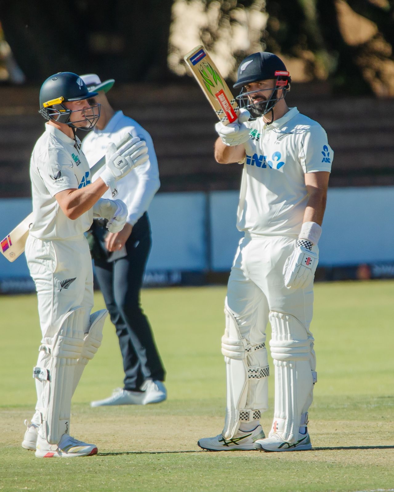 Daryl Mitchell celebrates his fifty as Nathan Smith looks on, Zimbabwe vs New Zealand, 1st Test, 2nd day, Bulawayo, July 31, 2025