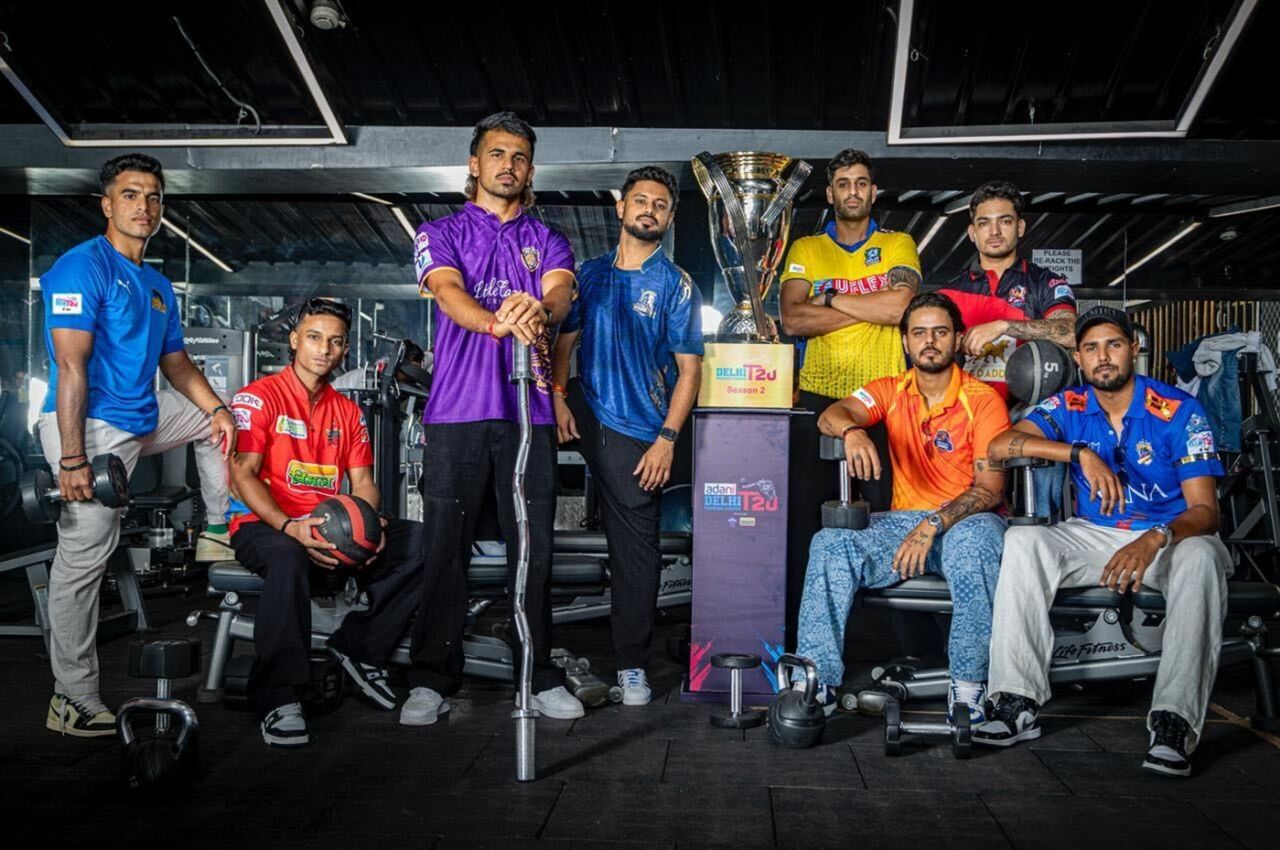The eight captains of the Delhi Premier League (DPL) - Vansh Bedi, Ayush Badoni, Himmat Singh, Jonty Sidhu, Siddhanth Sharma, Anuj Rawat, Nitish Rana and Harshit Rana, Delhi, July 31, 2025