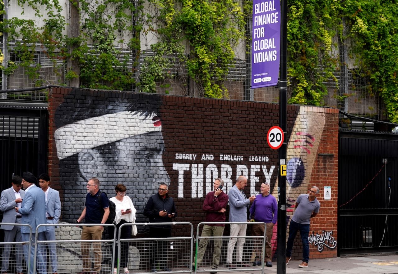 Fans queue up in front of the Graham Thorpe mural outside The Oval, England vs India, 5th Test, 2nd day, The Oval, August 1, 2025