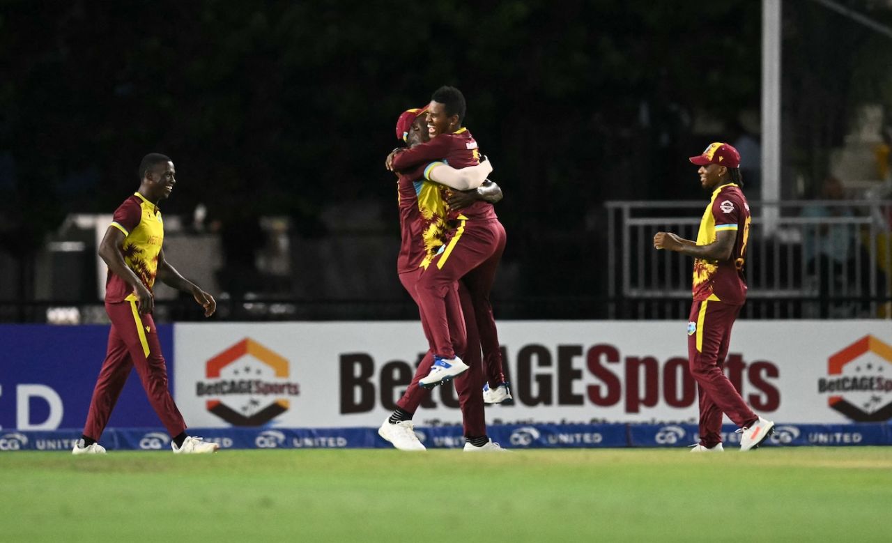 Jason Holder gets a big hug from Akeal Hosein after completing a catch, West Indies vs Pakistan, 2nd T20I, Lauderhill, August 2, 2025