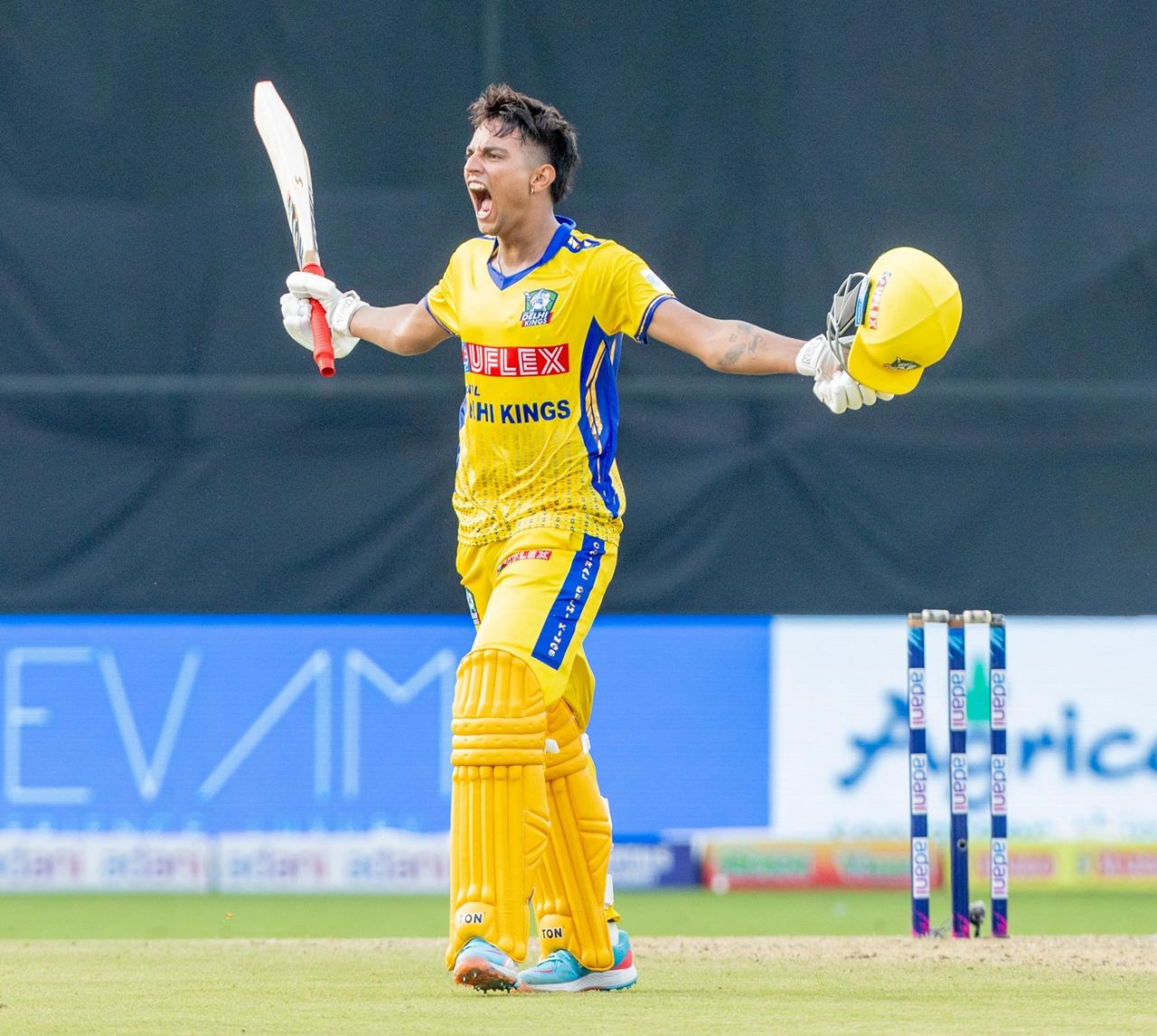 Yash Dhull celebrates after scoring the maiden century of the Delhi Premier League 2025, Central Delhi Kings vs North Delhi Strikers, DPL 2025, New Delhi, August 3, 2025