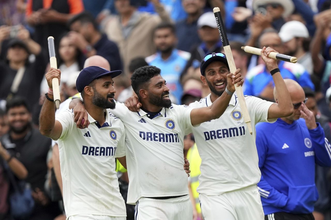 India fast bowlers Akash Deep, Mohammed Siraj and Prasidh Krishna celebrate the win, England vs India, 5th Test, 5th day, The Oval, August 4, 2025