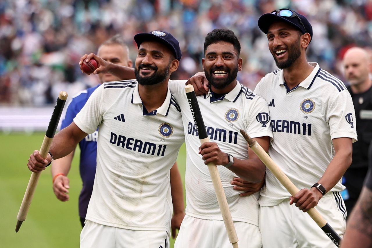Akash Deep, Mohammed Siraj and Prasidh Krishna celebrate the win, England vs India, 5th Test, 5th day, The Oval, August 4, 2025