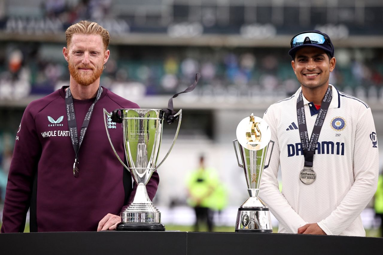 Ben Stokes and Shubman Gill pose with the Rothesay and Anderson-Tendulkar trophies, England vs India, 5th Test, 5th day, The Oval, August 4, 2025