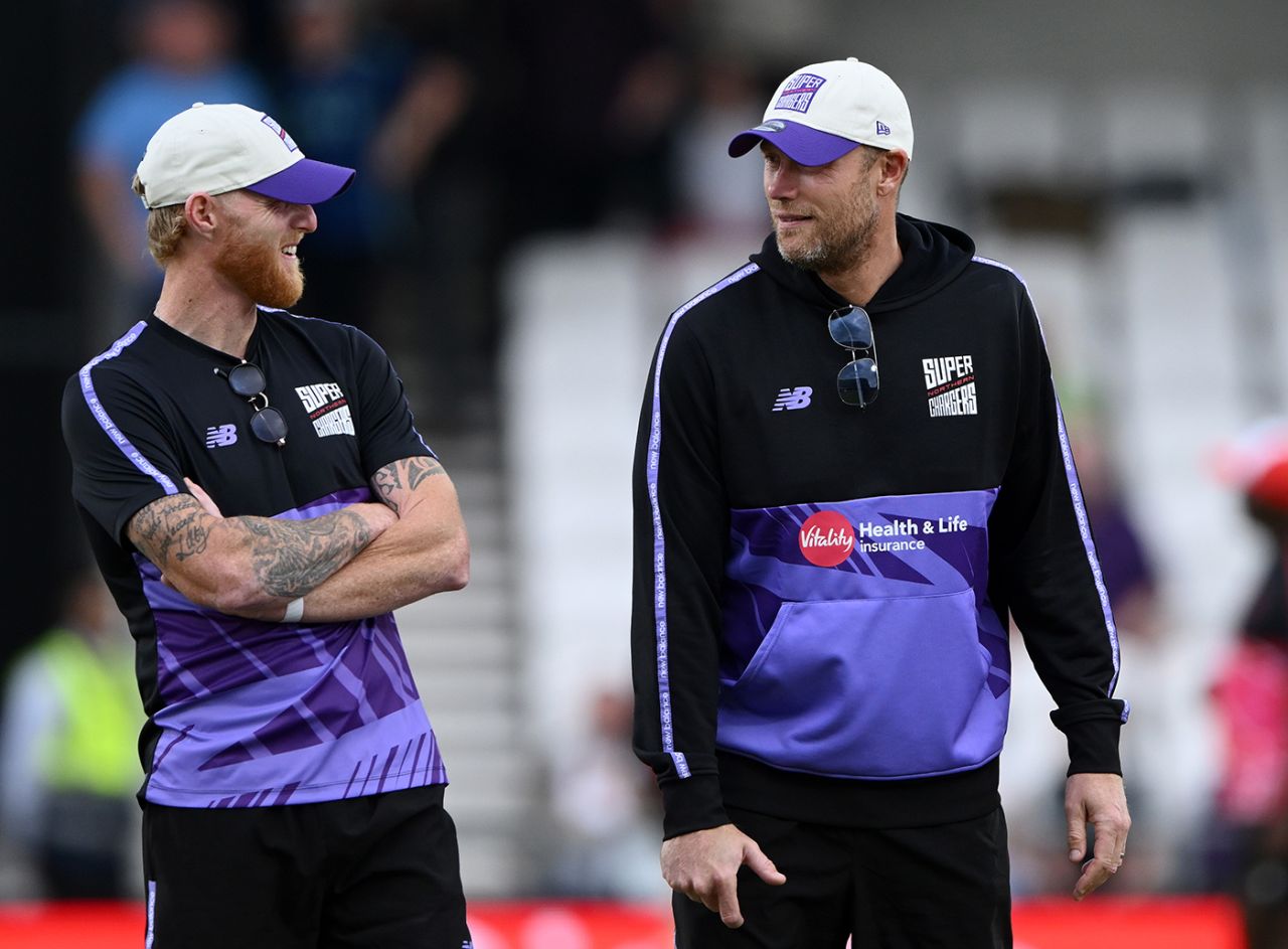 Ben Stokes and Andrew Flintoff share a lighter moment, Northern Superchargers vs Welsh Fire, Men's Hundred, Headingley, August 7, 2025