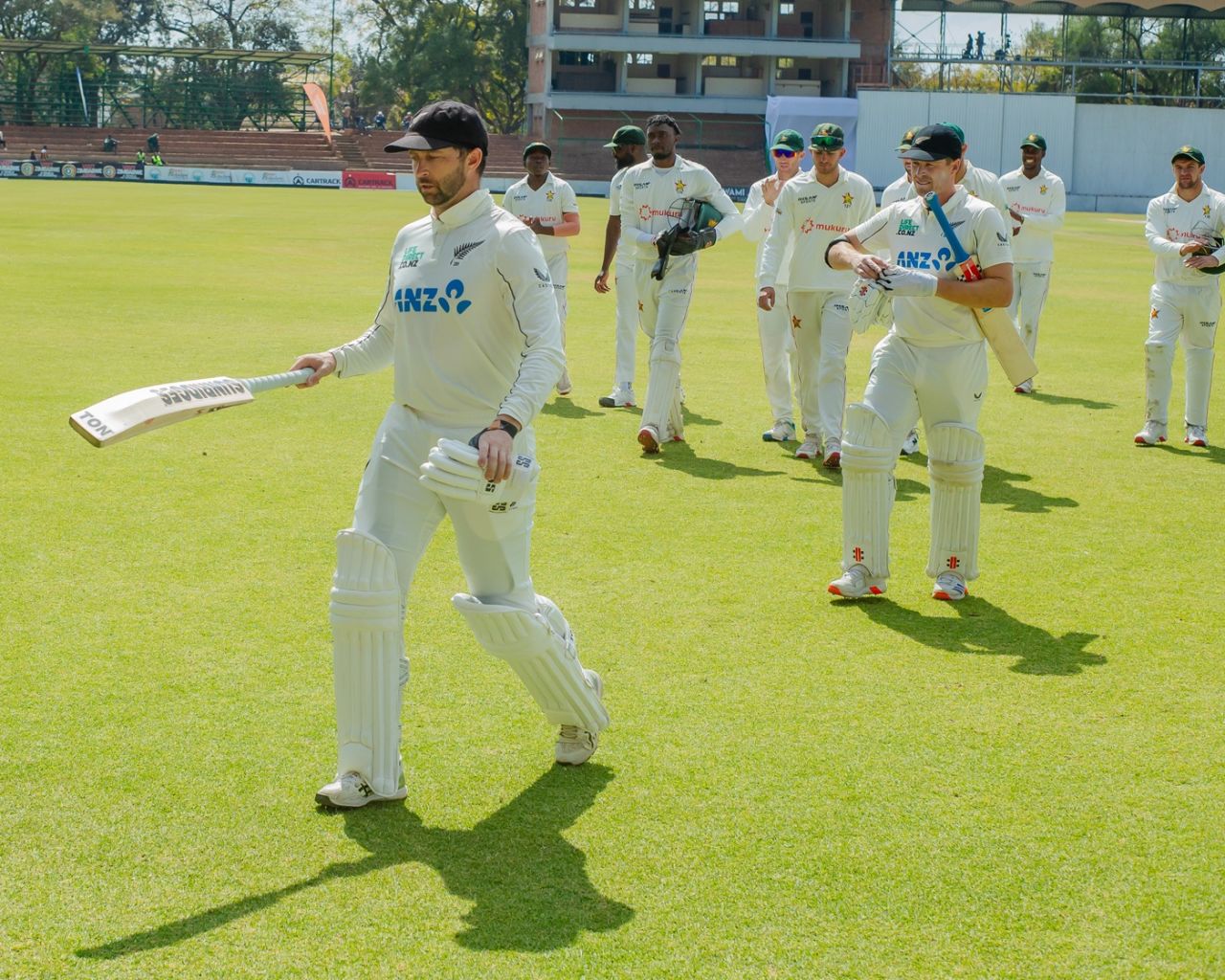 Devon Conway leads the players off at lunch, Zimbabwe vs New Zealand, 2nd Test, Bulawayo, 2nd day, August 8, 2025