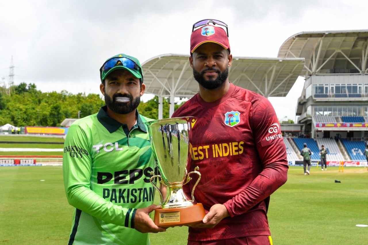 Mohammad Rizwan and Shai Hope with the ODI-series trophy, West Indies vs Pakistan, 1st ODI, Tarouba, August 9, 2025