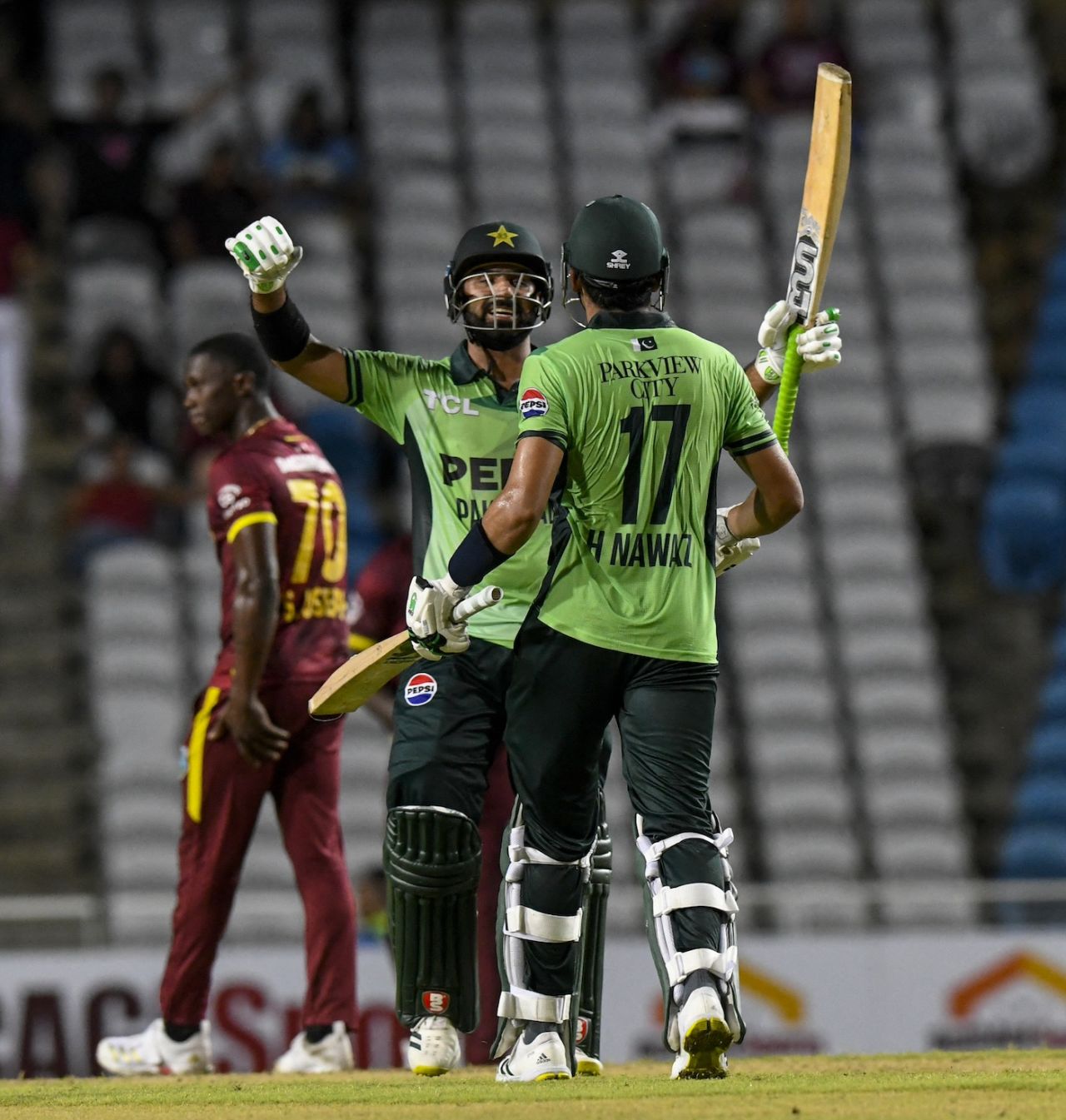 Hussain Talat and Hasan Nawaz celebrate after finishing the job, West Indies vs Pakistan, 1st ODI, Tarouba, August 8, 2025