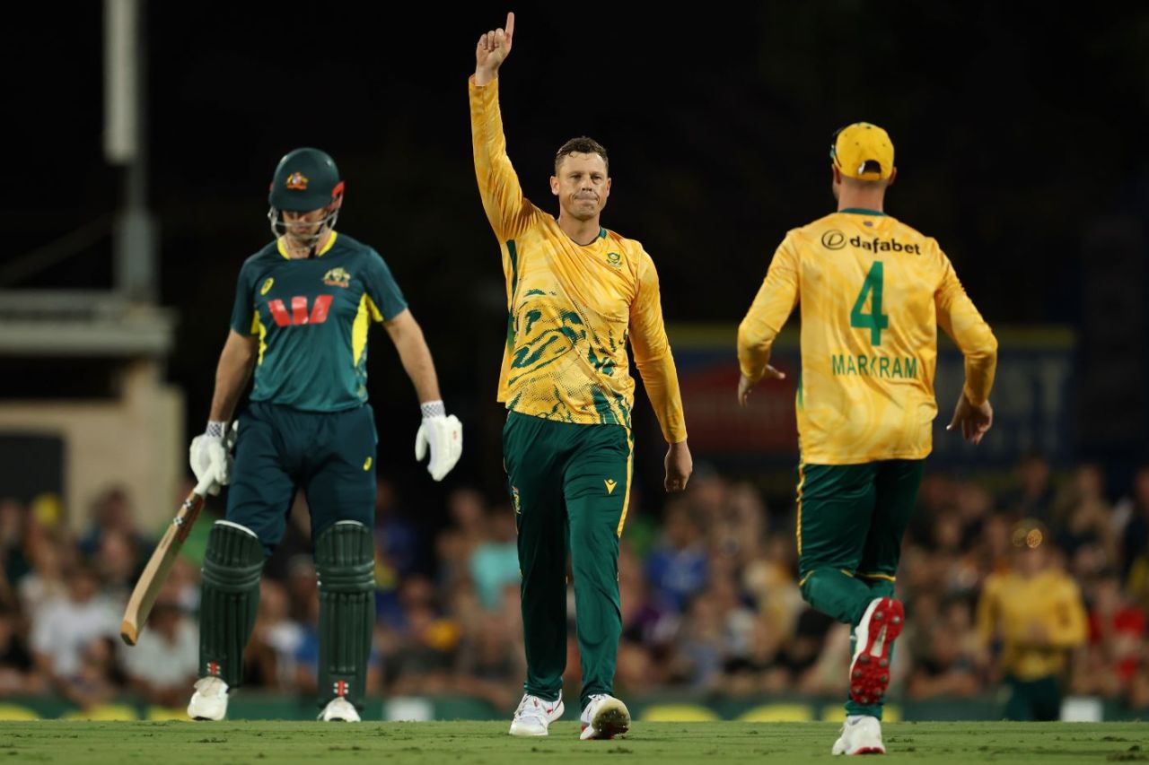 George Linde removed Josh Inglis first ball, Australia vs South Africa, 1st T20I, Marrara Oval, Darwin, August 10, 2025