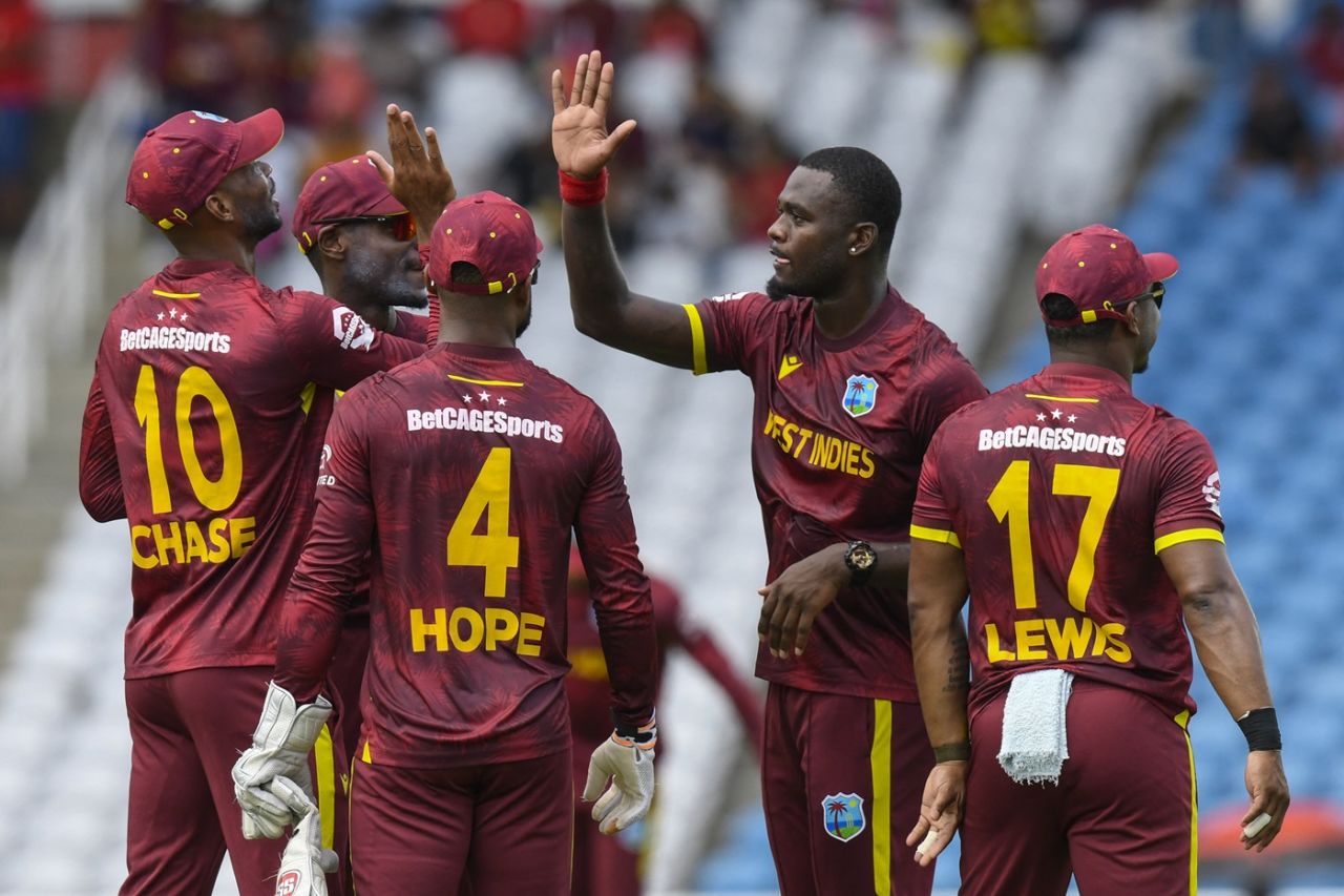 Jayden Seales celebrates a wicket with his team-mates, West Indies vs Pakistan, 2nd ODI, Tarouba, August 10, 2025