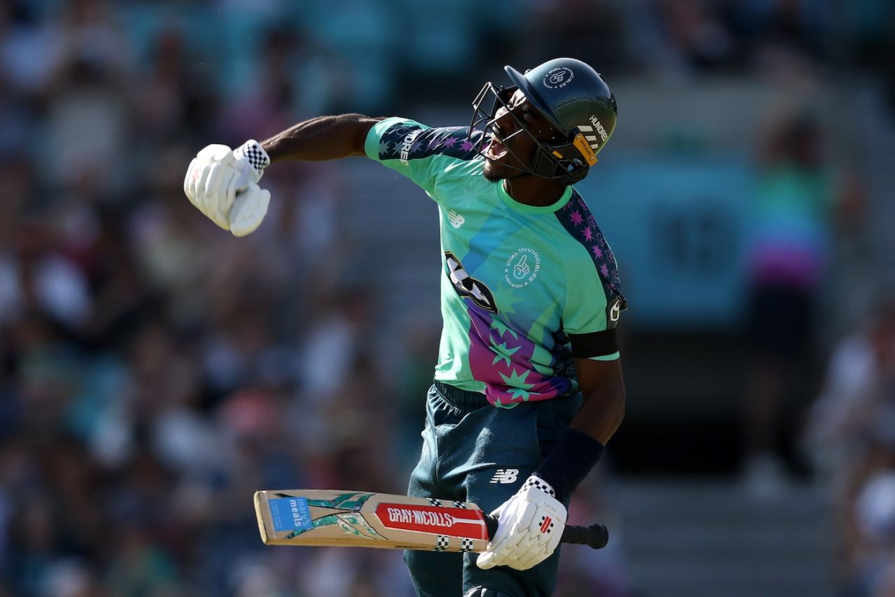 Tawanda Muyeye celebrates a convincing win, Oval Invincibles vs Manchester Originals, The Kia Oval, The Men's Hundred, August 9, 2025