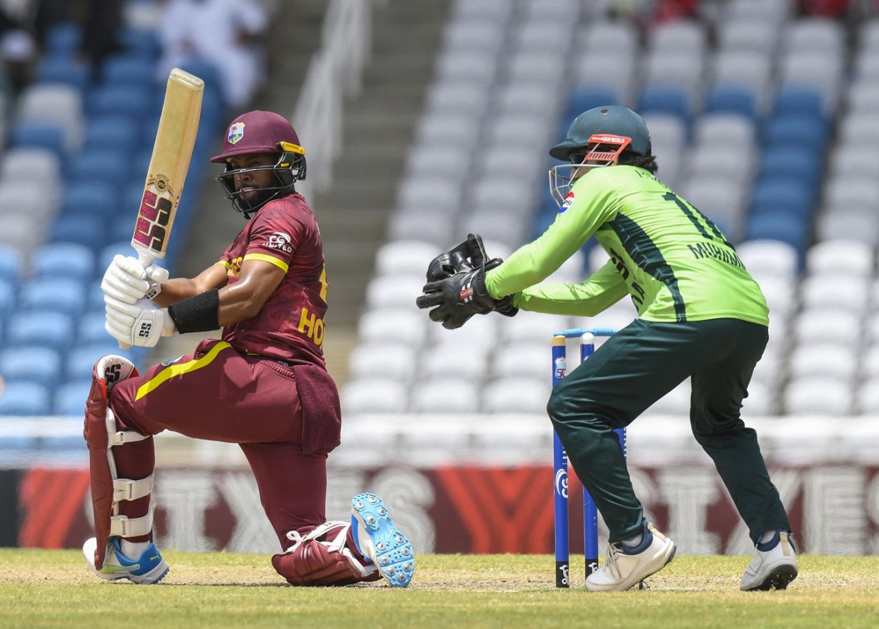 Shai Hope rolls out a sweep, West Indies vs Pakistan, 3rd ODI, Tarouba, August 12, 2025