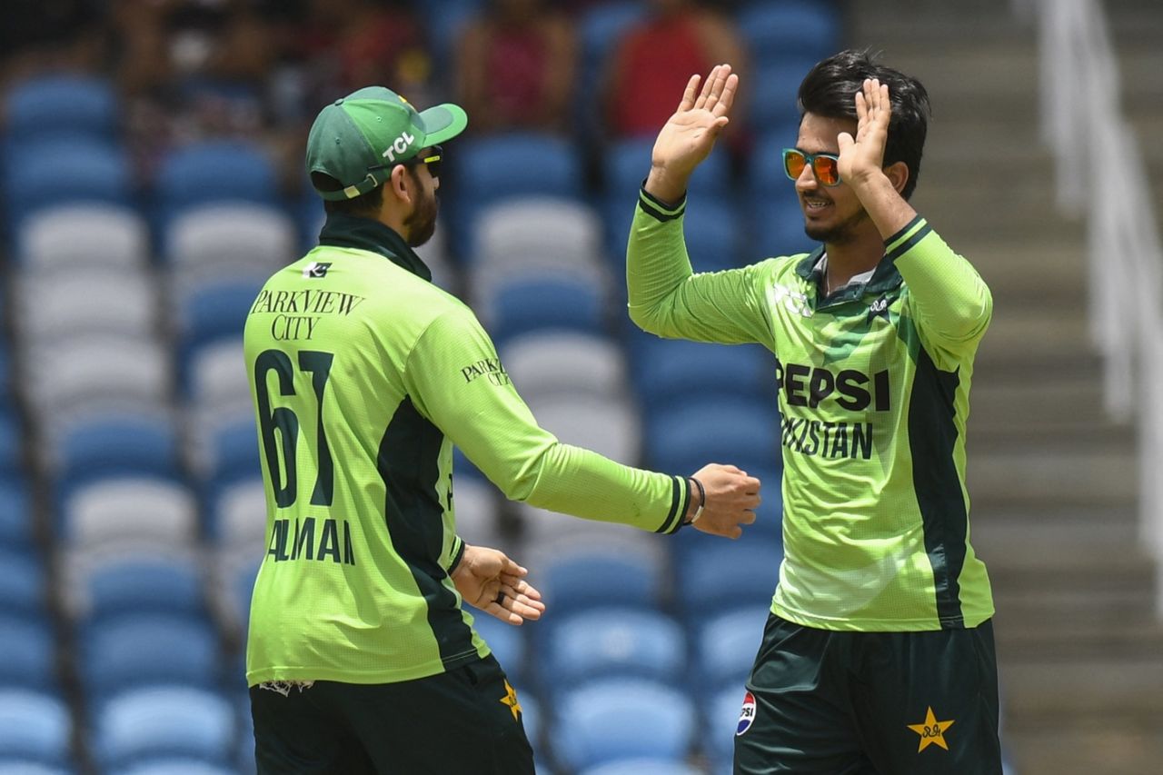 Saim Ayub celebrates a wicket with Salman Agha, West Indies vs Pakistan, 3rd ODI, Tarouba, August 12, 2025
