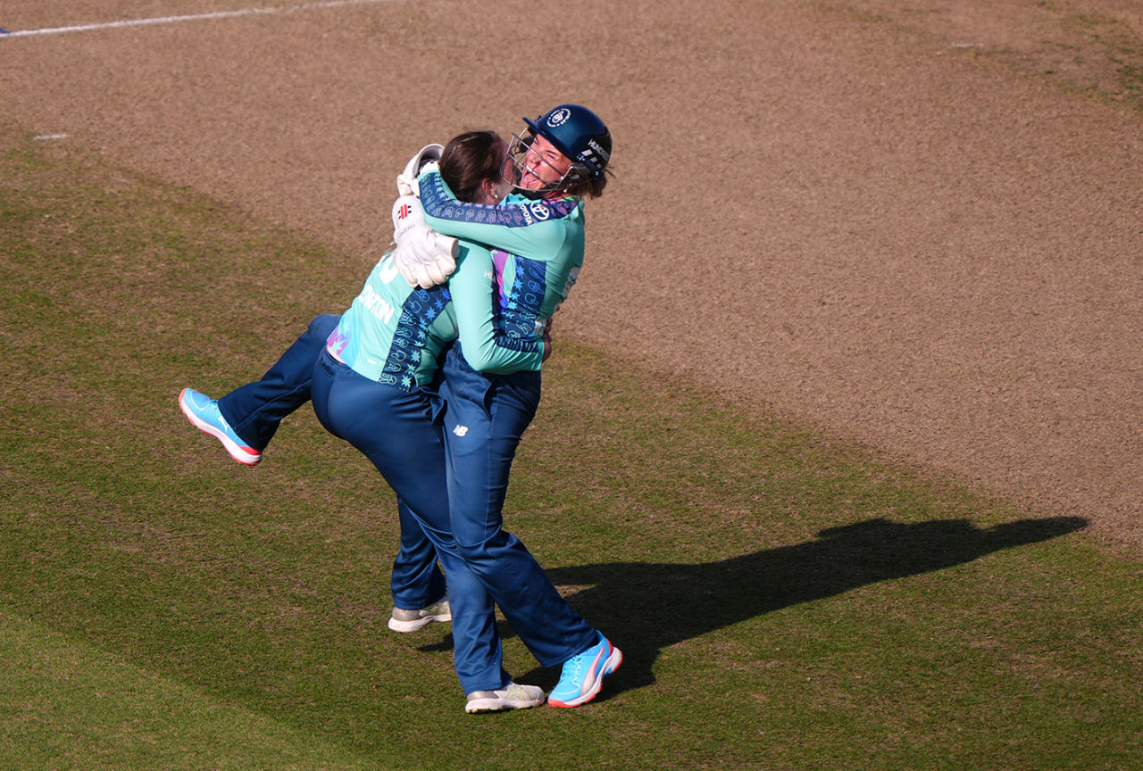 Amanda-Jade Wellington gets a hug from Lauren Winfield-Hill, Birmingham Phoenix vs Oval Invincibles, Women's Hundred, Edgbaston, August 12, 2025
