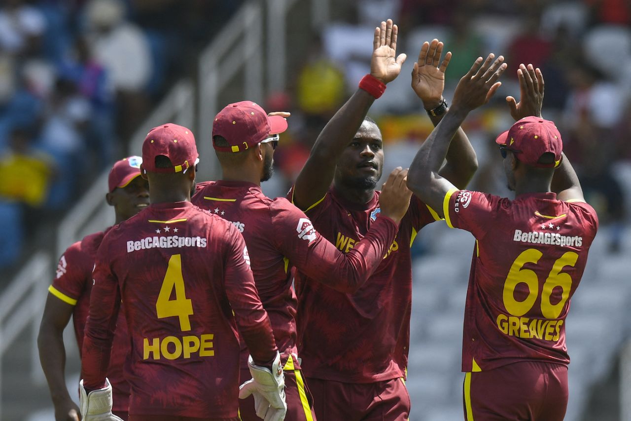Jayden Seales' figures were 4 for 12 at the end of the first powerplay, West Indies vs Pakistan, 3rd ODI, Tarouba, August 12, 2025