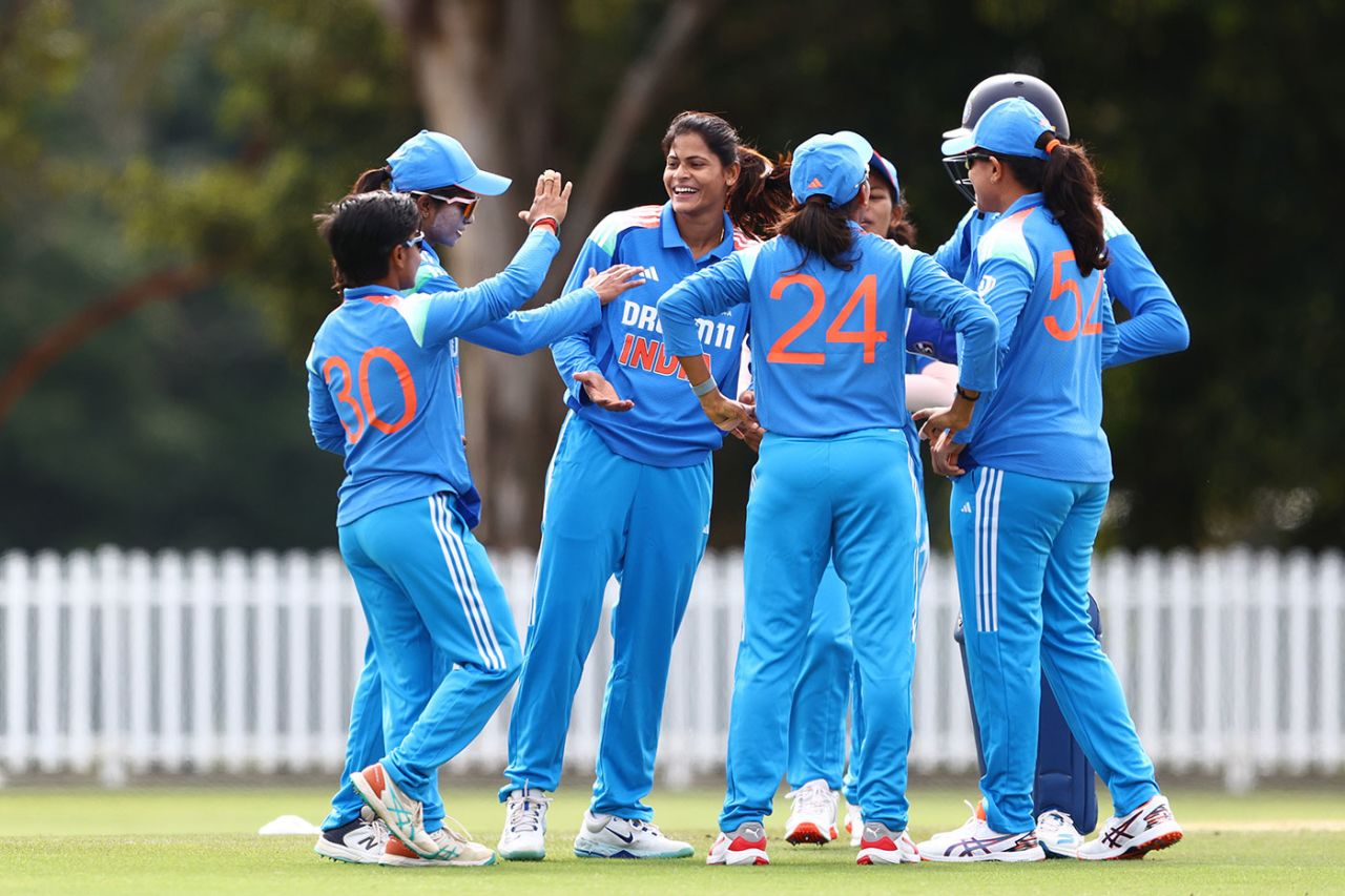 India A celebrate the wicket of Tahlia McGrath, Australia A vs India A, 1st women's one-dayer, Ian Healy Oval, Brisbane, August 13, 2025