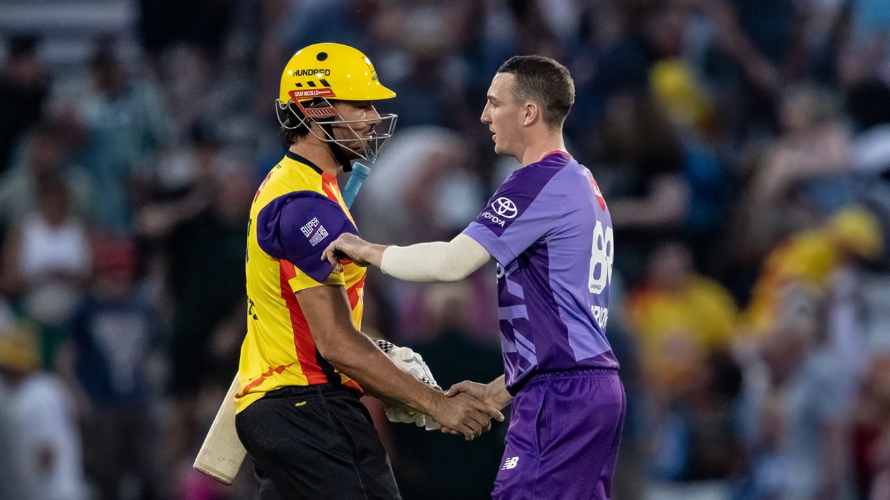 Marcus Stoinis shakes hands with Harry Brook, Trent Rockets vs Northern Superchargers, Trent Bridge, The Hundred Men's Competition, August 10, 2025