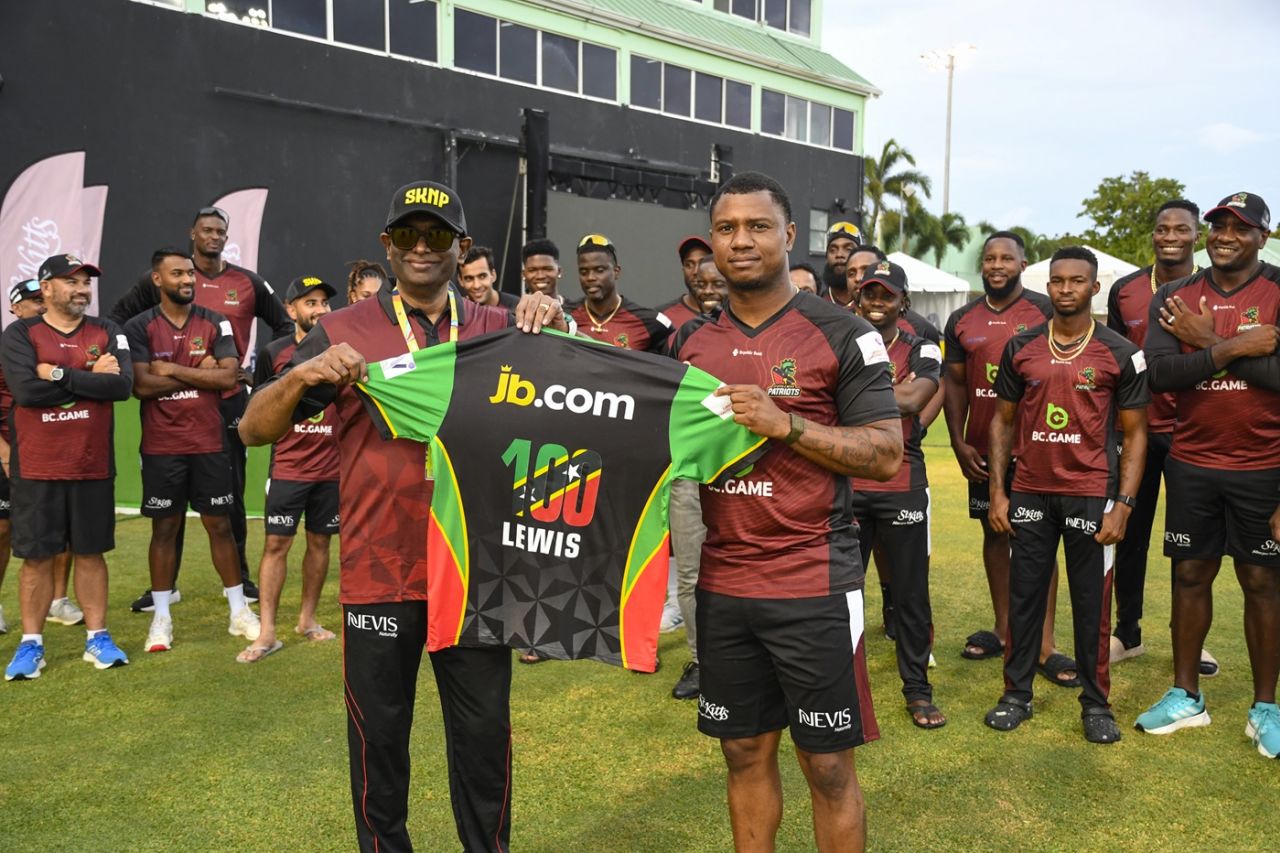 Evin Lewis is presented with a jersey to mark his 100th game for St Kitts and Nevis Patriots, St Kitts and Nevis Patriots vs Guyana Amazon Warriors, CPL, Basseterre, August 15, 2025
