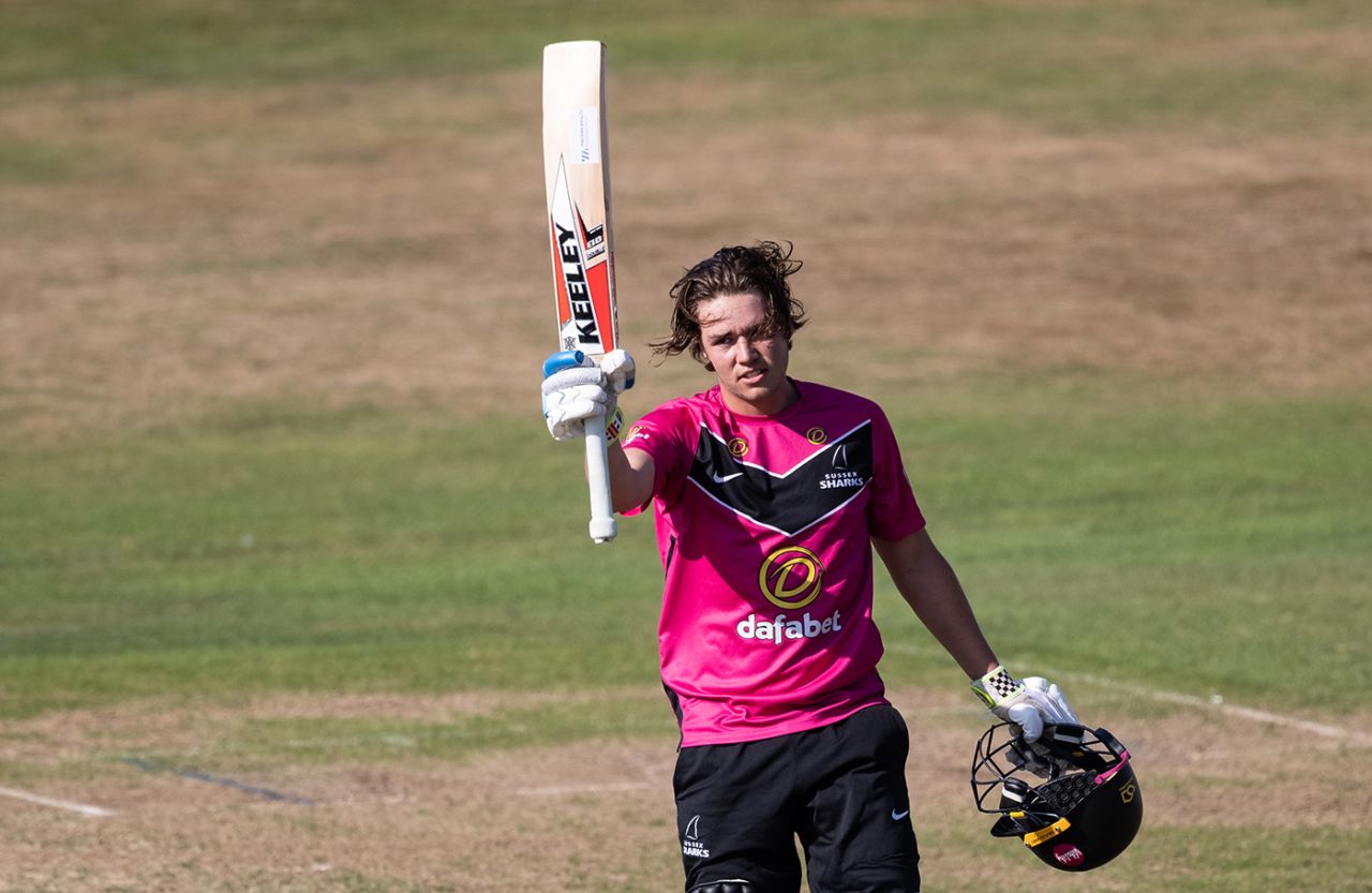 Charlie Tear celebrates reaching his century, Northamptonshire vs Sussex, One-Day Cup, Wantage Road, August 17, 2025