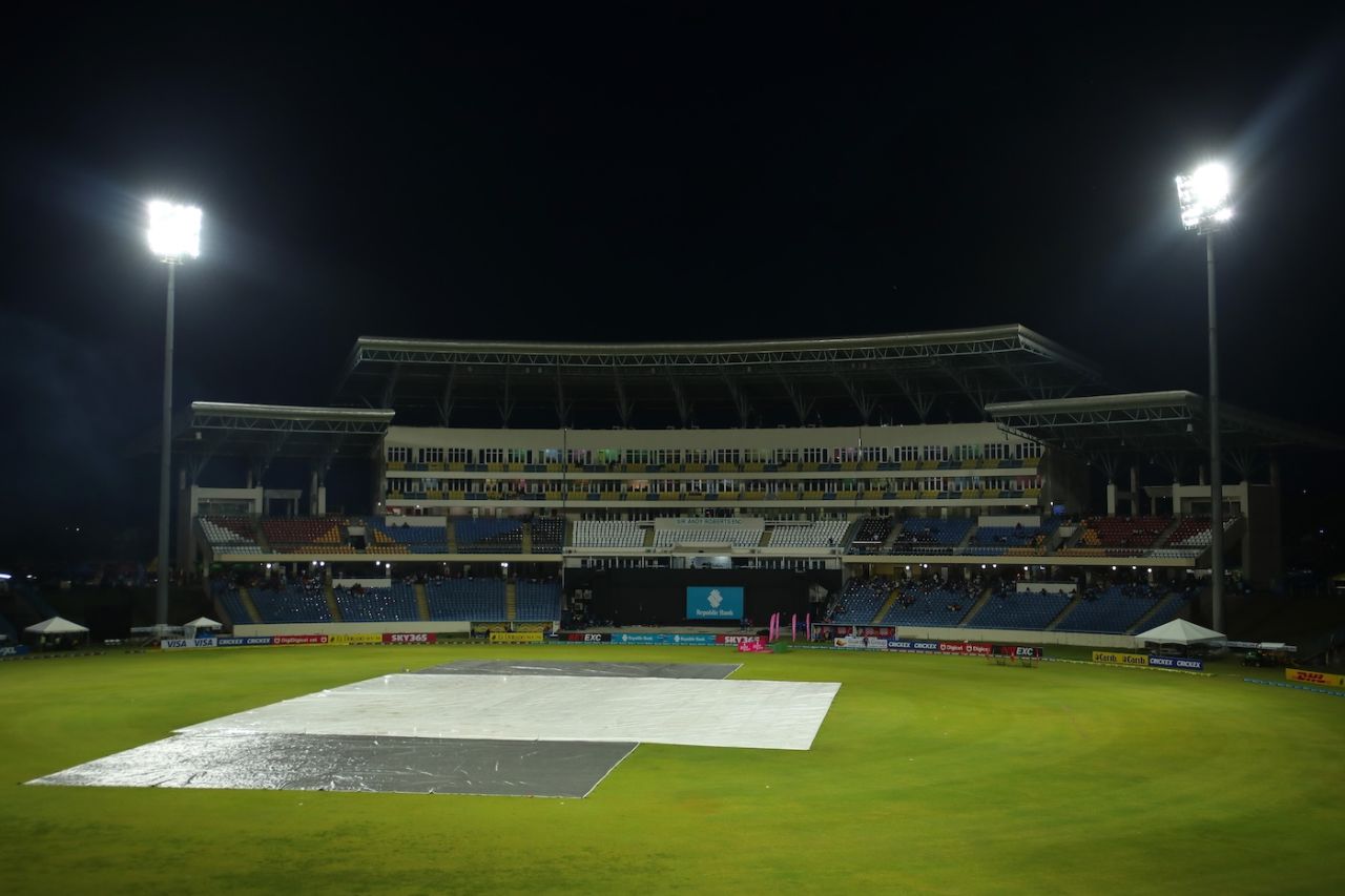 Rain delayed the start of the game after the toss, St Lucia Kings vs Antigua and Barbuda Falcons, CPL 2025, North Sound, August 17, 2025