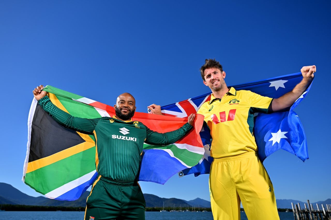 Temba Bavuma and Mitchell Marsh pose with their countries' flags, Australia vs South Africa, 1st ODI, Cairns, August 19, 2025