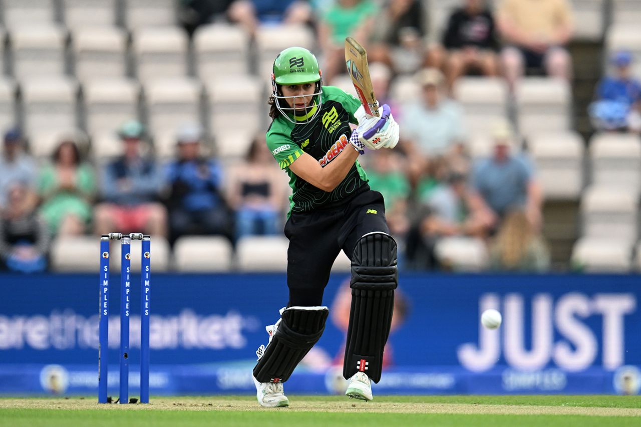 Maia Bouchier leans into a drive, Southern Brave vs Oval Invincibles, Women's Hundred, Utilita Bowl, August 18, 2025