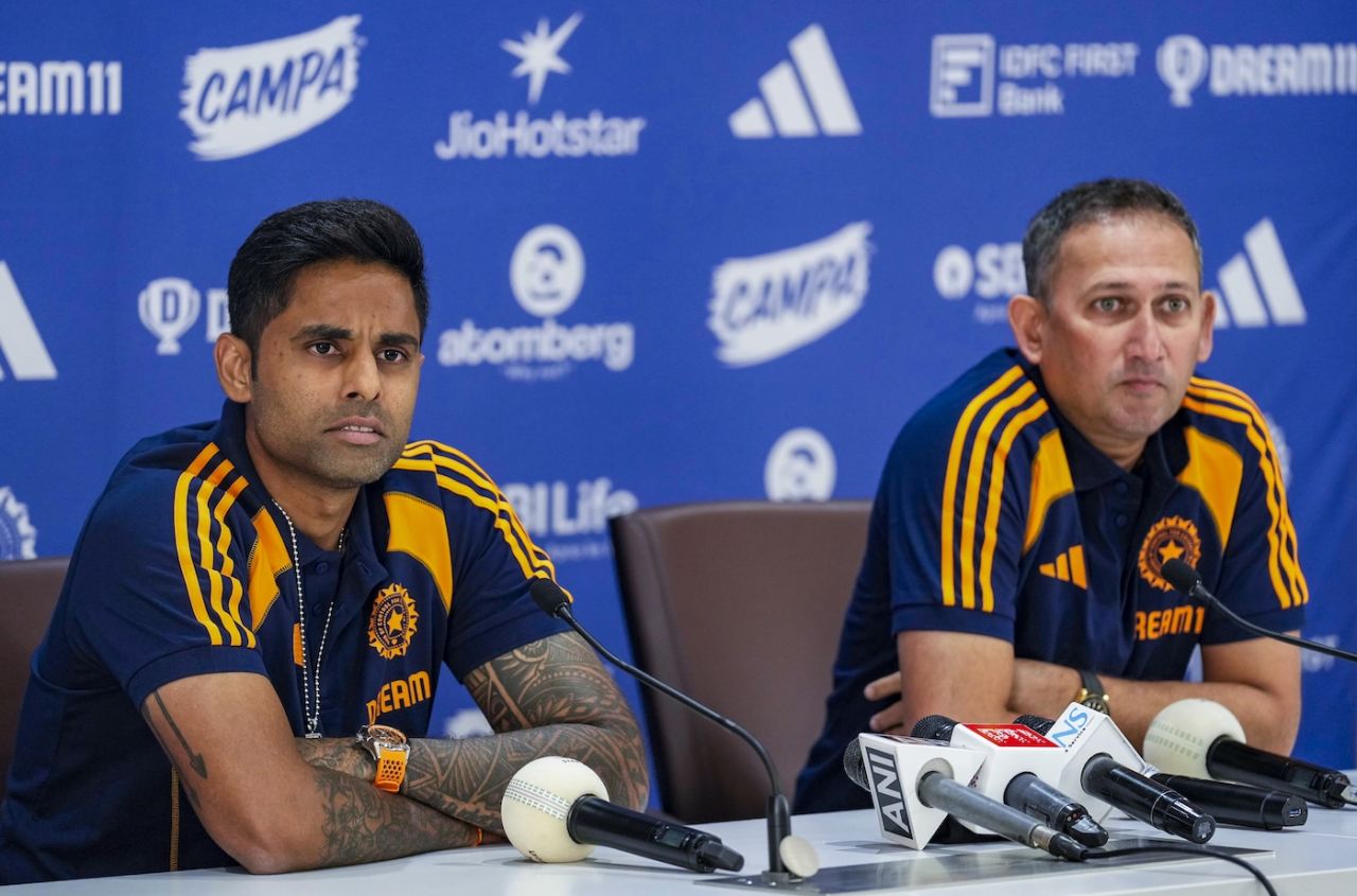 India's T20I captain Suryakumar Yadav and chief selector Ajit Agarkar announce the Asia Cup squad, Mumbai, August 19, 2025