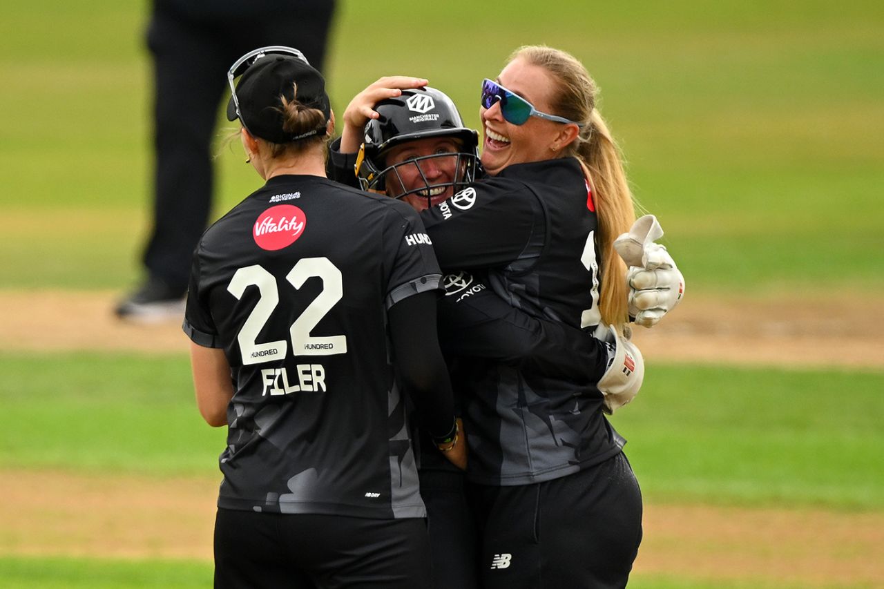 Sophie Ecclestone and Beth Mooney celebrate after combining to dismiss Nat Sciver-Brunt, Trent Rockets vs Manchester Originals, Women's Hundred, Trent Bridge, August 19, 2025