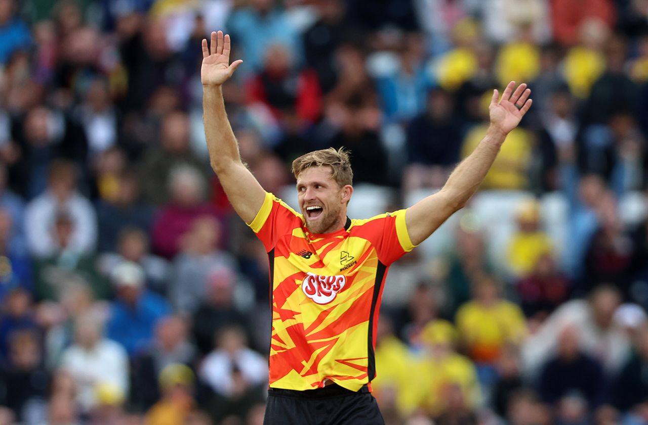 David Willey celebrates trapping Ben McKinney lbw, Trent Rockets vs Manchester Originals, Trent Bridge, The Hundred Men's Competition, August 19, 2025