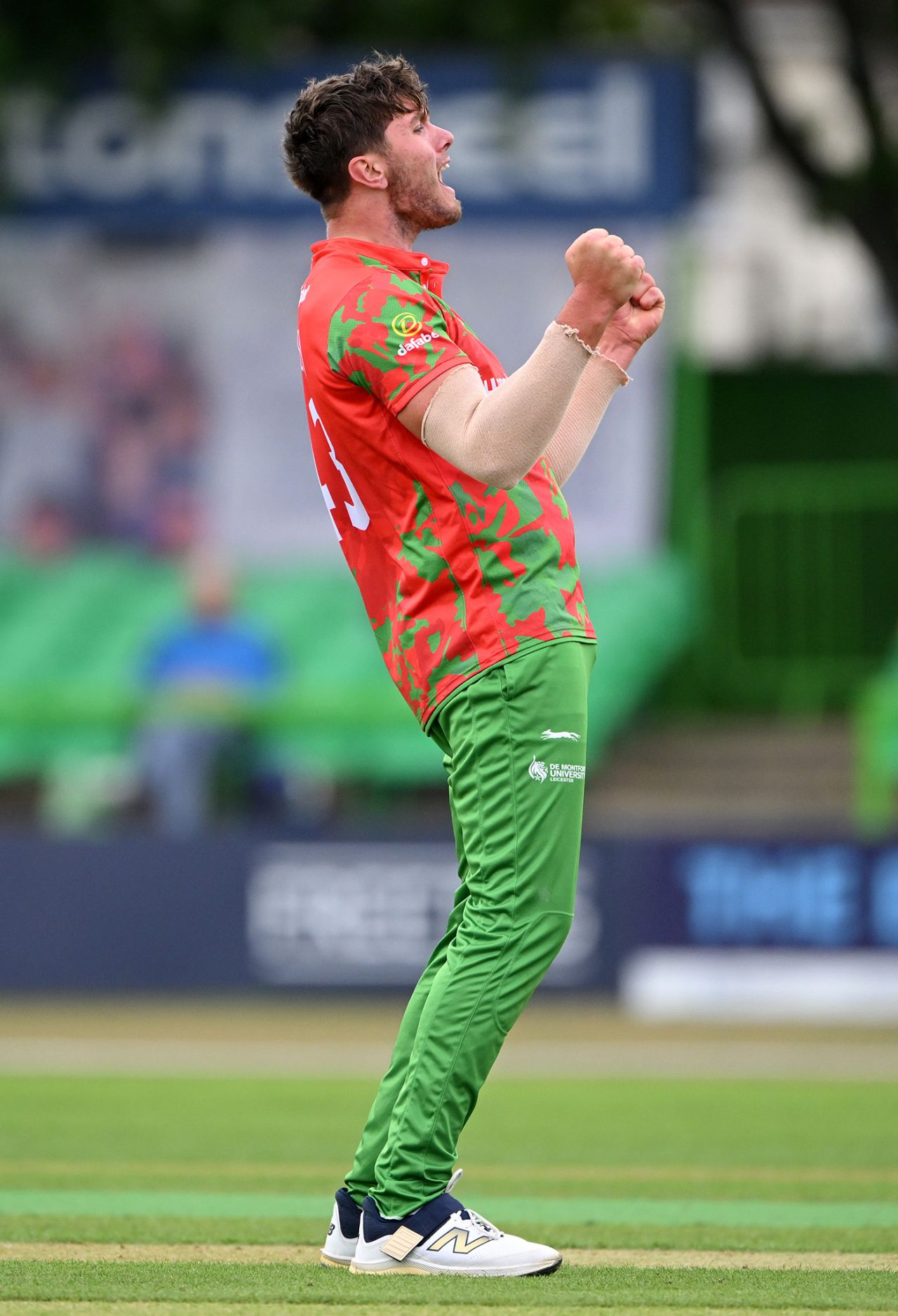 Alex Green celebrates a breakthrough, Leicestershire vs Derbyshire, Grace Road, Metro Bank One-Day Cup, August 20, 2025