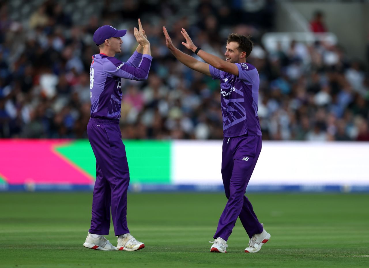Tom Lawes and Harry Brook celebrate the wicket of Jamie Smith, London Spirit vs Northern Superchargers, Men's Hundred, Lord's, August 20, 2025