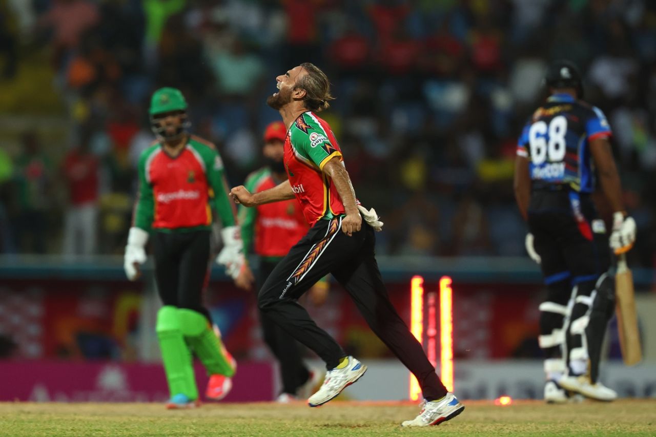 Imran Tahir celebrates his five-wicket haul, Antigua and Barbuda Falcons vs Guyana Amazon Warriors, CPL, North Sound, August 22, 2025