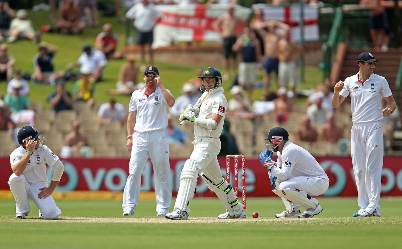 Peter Siddle laughs after nearly being bowled by Graeme Swann, Australia v England, 2nd Test, Adelaide, 5th day, December 7, 2010