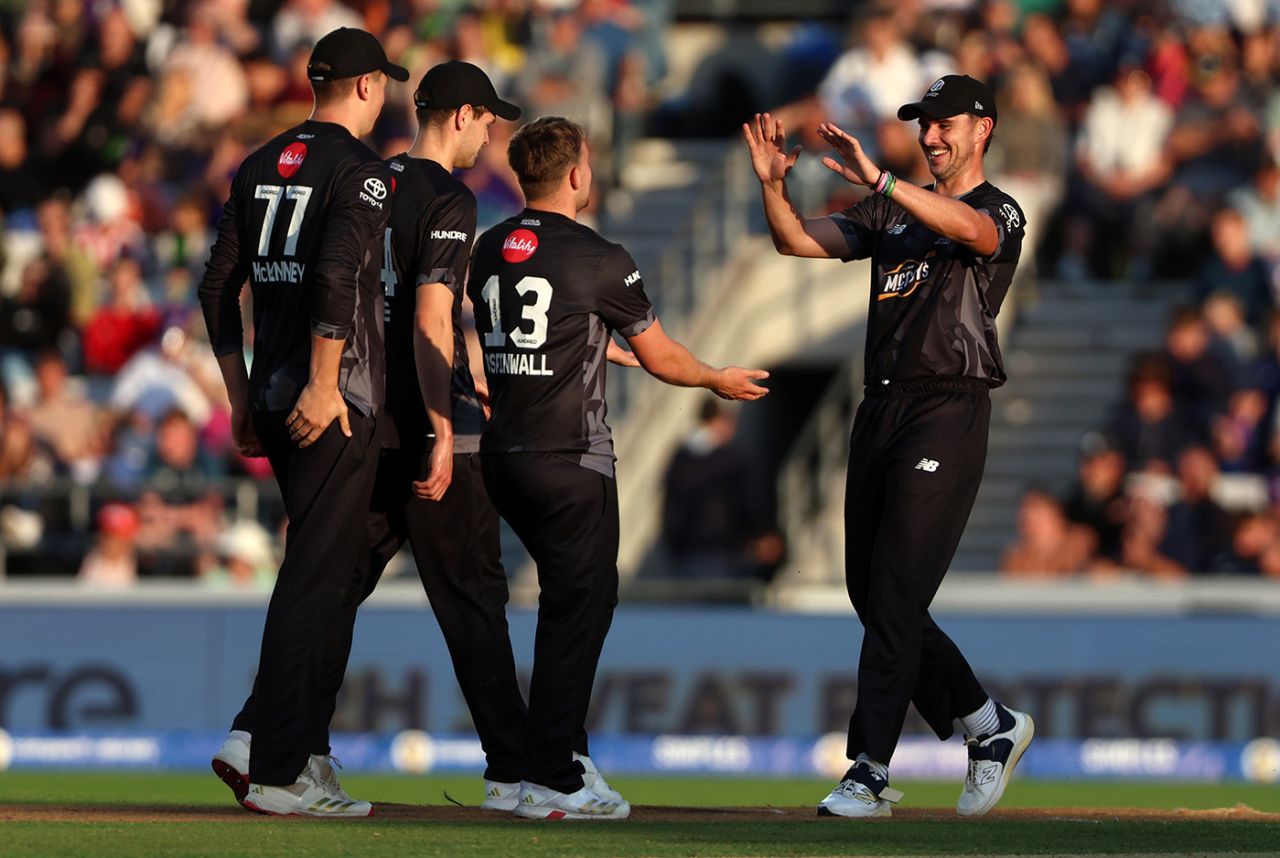 Tom Aspinwall celebrates with team-mate Josh Tongue after taking the wicket of Michael Pepper, Men's Hundred, Northern Superchargers vs Manchester Originals, Headingley, August 26, 2025