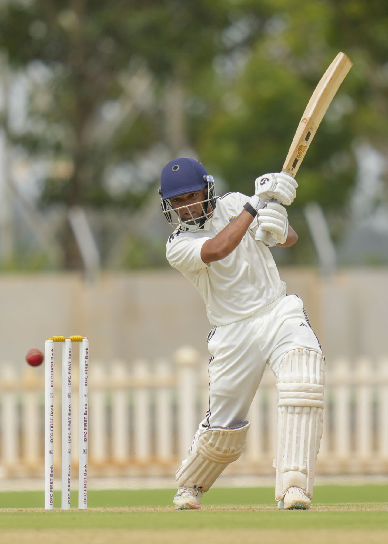 Danish Malewar plays a shot, Central Zone vs North East Zone, day 1, Bengaluru, August 28, 2025