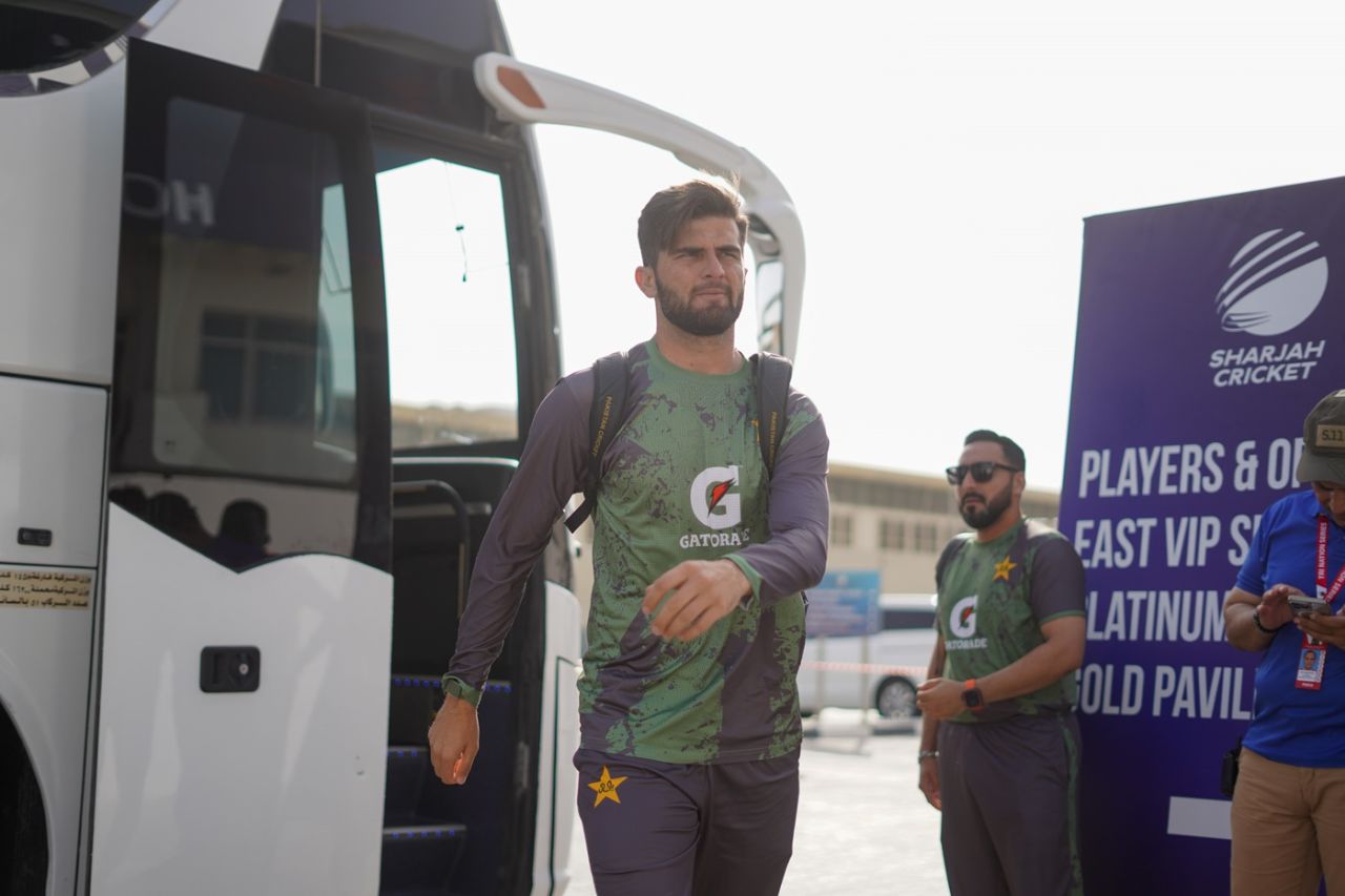 Shaheen Shah Afridi arrives at the Sharjah Cricket Stadium, Afghanistan vs Pakistan, UAE T20I tri-series, Sharjah, August 29, 2025