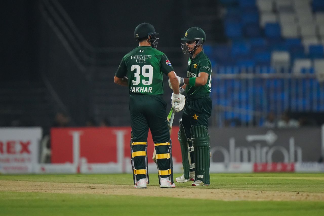 Fakhar Saman and Saim Ayub punch gloves in the middle, UAE vs Pakistan, 2nd T20I, Sharjah, August 30, 2025