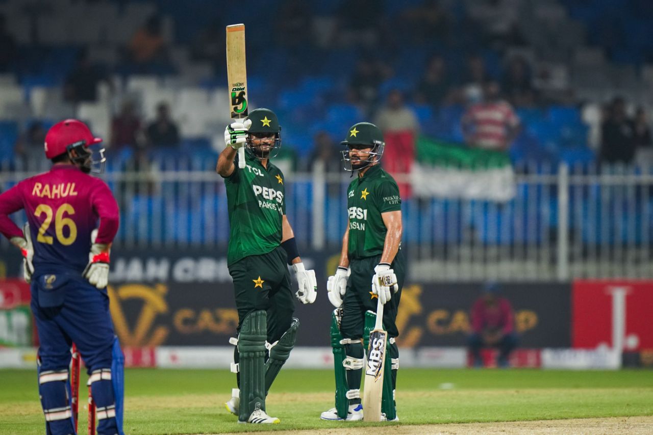 Hasan Nawaz celebrates his half-century, UAE vs Pakistan, 2nd T20I, Sharjah, August 30, 2025