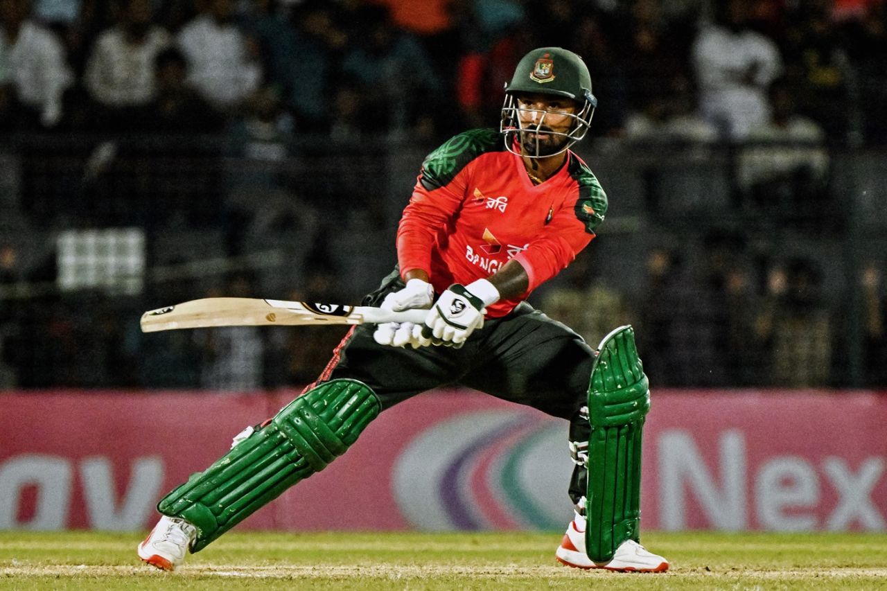 Litton Das plays a reverse-sweep, Bangladesh vs Netherlands, 2nd T20I, Sylhet, September 1, 2025