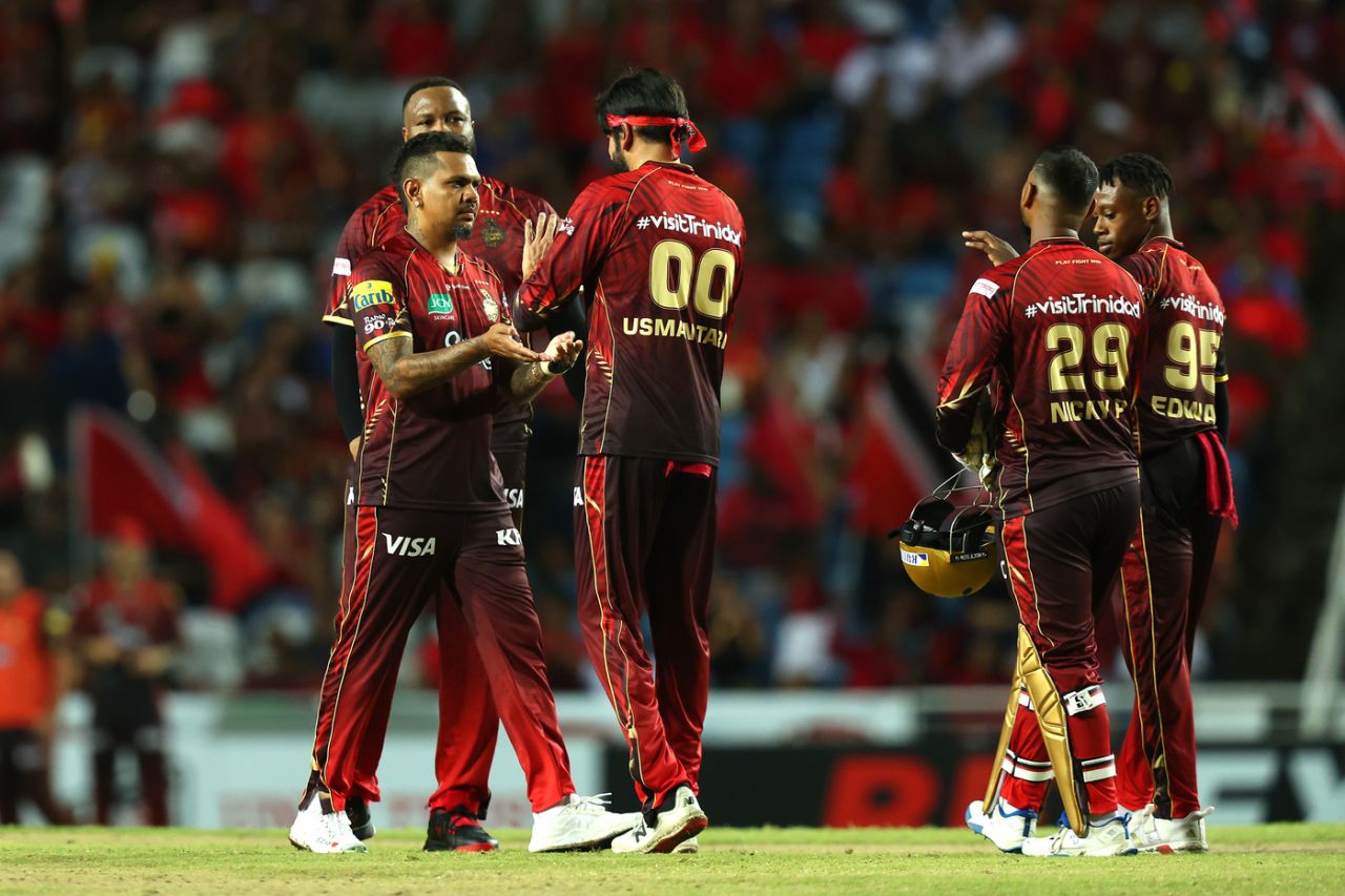 Sunil Narine celebrates a wicket with this teammates,Trinbago Knight Riders vs St Lucia Kings, CPL 2025, Tarouba, September 3, 2025
