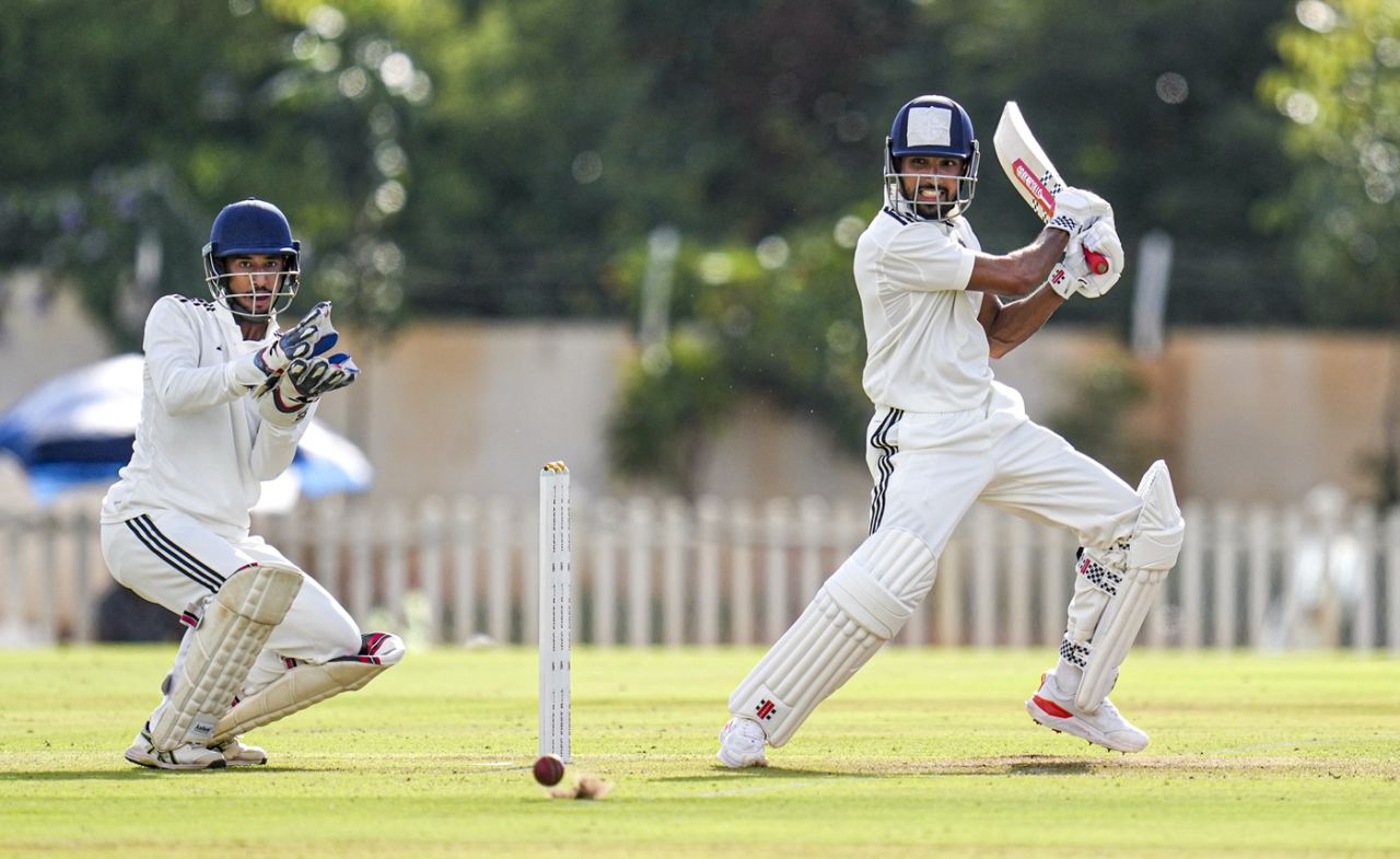 Mohammed Azharuddeen slashes the ball away, South Zone vs North Zone, Duleep Trophy semi-finals, Bengaluru, September 4, 2025