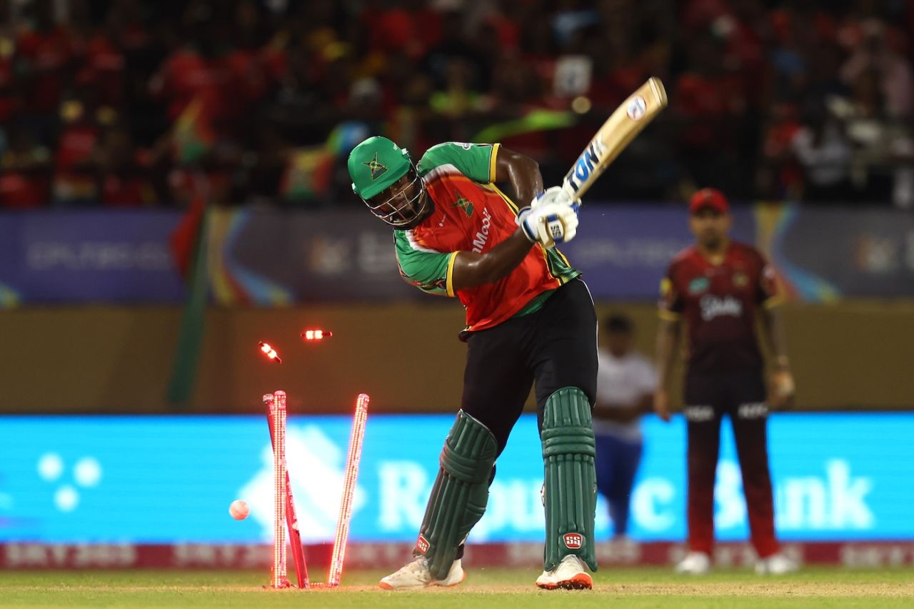 Romario Shepherd had no answer for a straight delivery from Andre Russell, Guyana Amazon Warriors vs Trinbago Knight Riders, CPL 2025, Providence, September 6, 2025