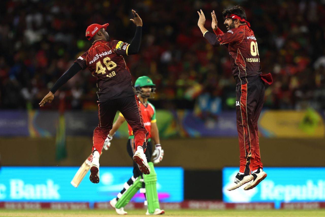 Darren Bravo celebrated with Usman Tariq his only wicket, Guyana Amazon Warriors vs Trinbago Knight Riders, CPL 2025, Providence, September 6, 2025