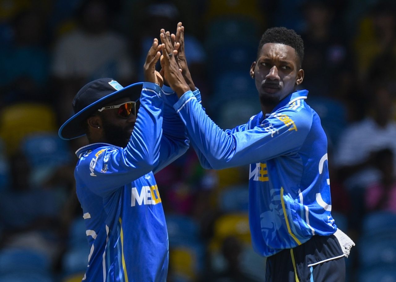 Khary Pierre celebrates a wicket with Aaron Jones, Barbados Royals vs St Lucia Kings, CPL 2025, Bridgetown, September 7, 2025