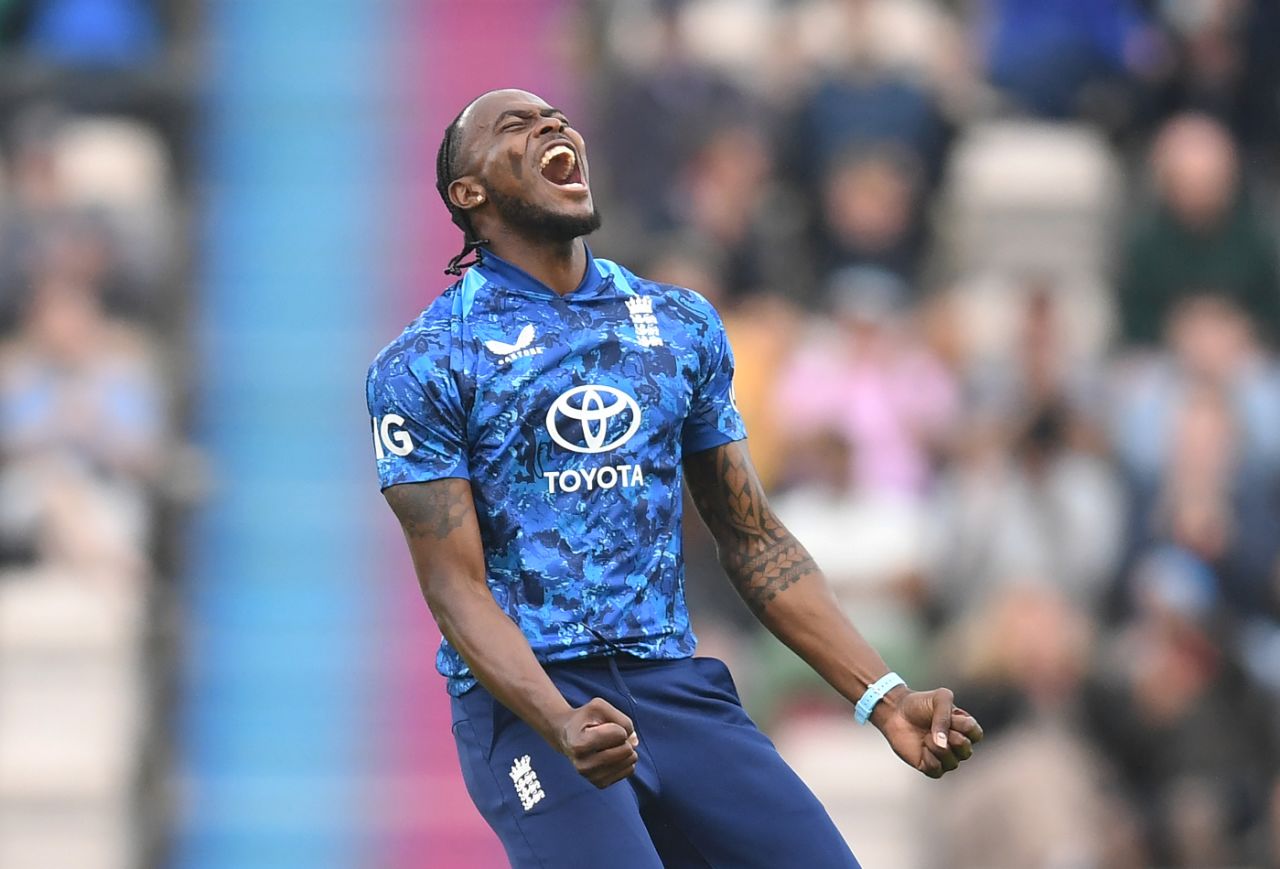 Jofra Archer roars in triumph after claiming Tristan Stubbs as his fourth wicket, England vs South Africa, 3rd ODI, Southampton, September 7, 2025