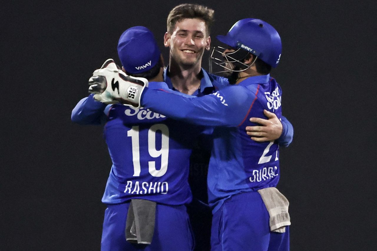 Noor Ahmad celebrates a wicket with Rashid Khan and Rahmanullah Gurbaz, Afghanistan vs Pakistan, final, UAE T20I tri-series, Sharjah, September 7, 2025