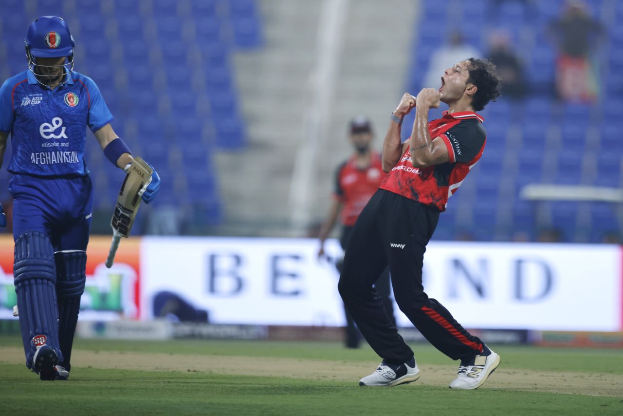 Ayush Shukla celebrates his first wicket in the tournament, Afghanistan vs Hong Kong, Men's T20 Asia Cup, Abu Dhabi, September 09, 2025