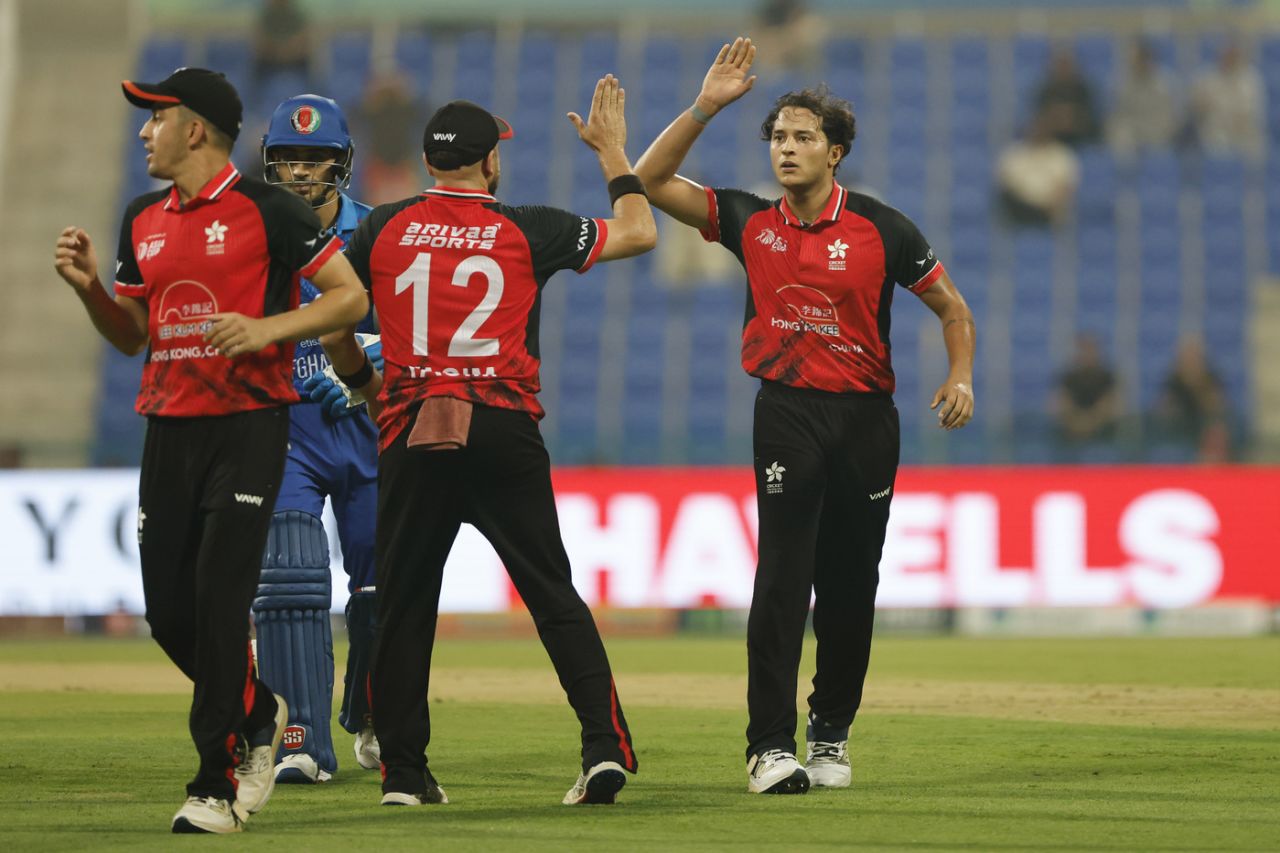 Ayush Shukla celebrates with his teammates, Afghanistan vs Hong Kong, Men's T20 Asia Cup, Abu Dhabi, September 09, 2025