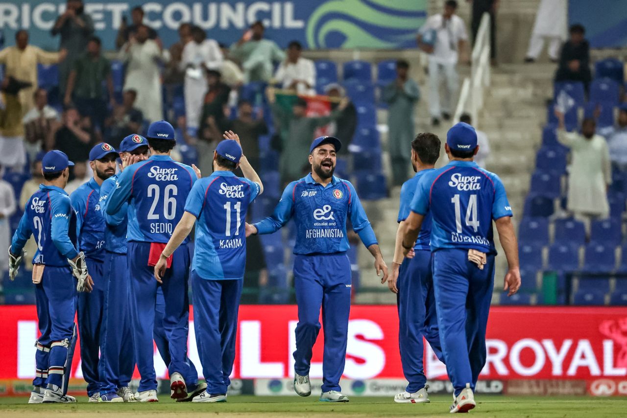 Skipper Rashid Khan celebrates a wicket with his teammates, Afghanistan vs Hong Kong, Men's T20 Asia Cup, Abu Dhabi, September 09, 2025